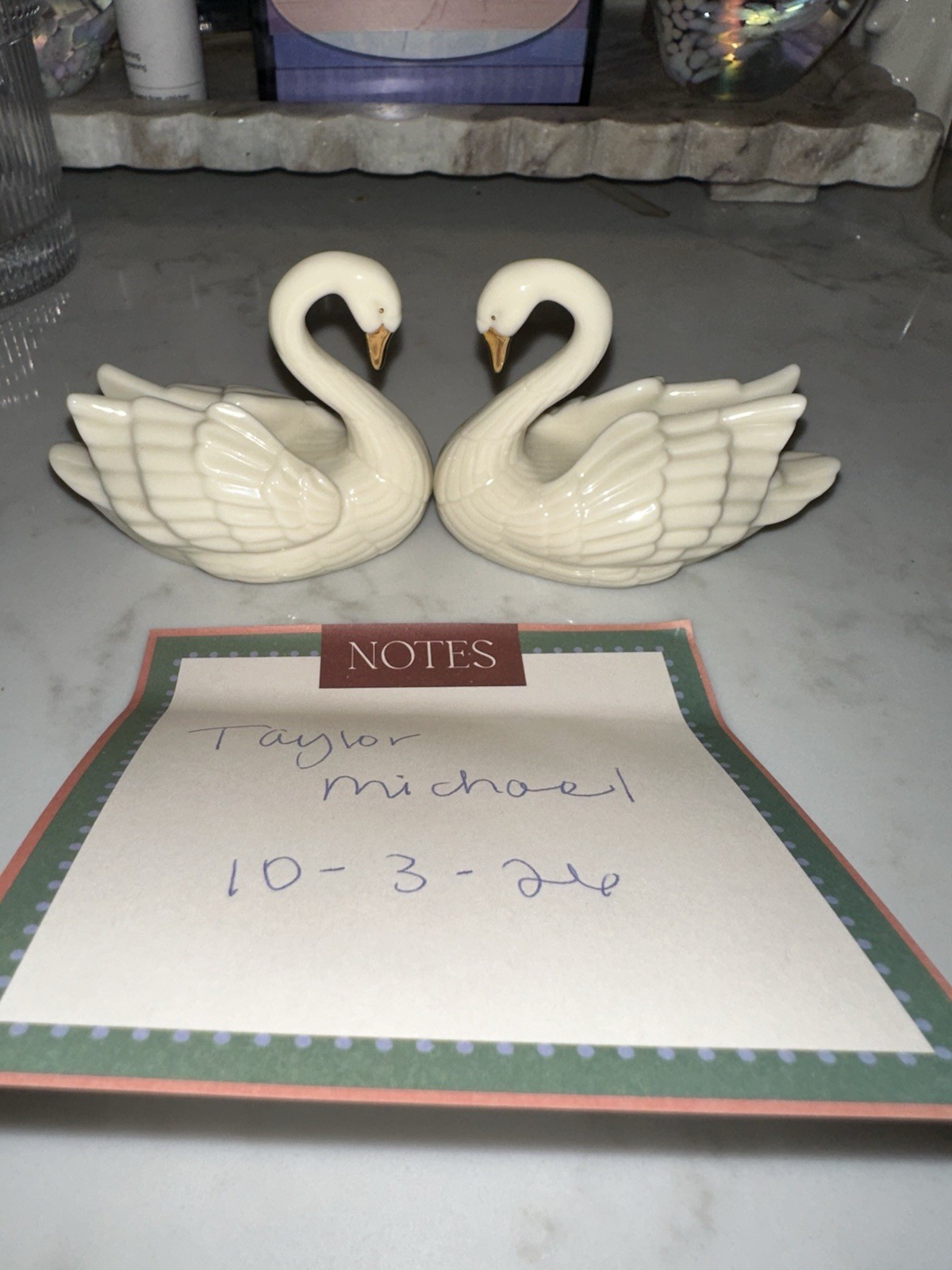 Pair of Vintage Lenox swan card holders/cake toppers w 24k gold detailing