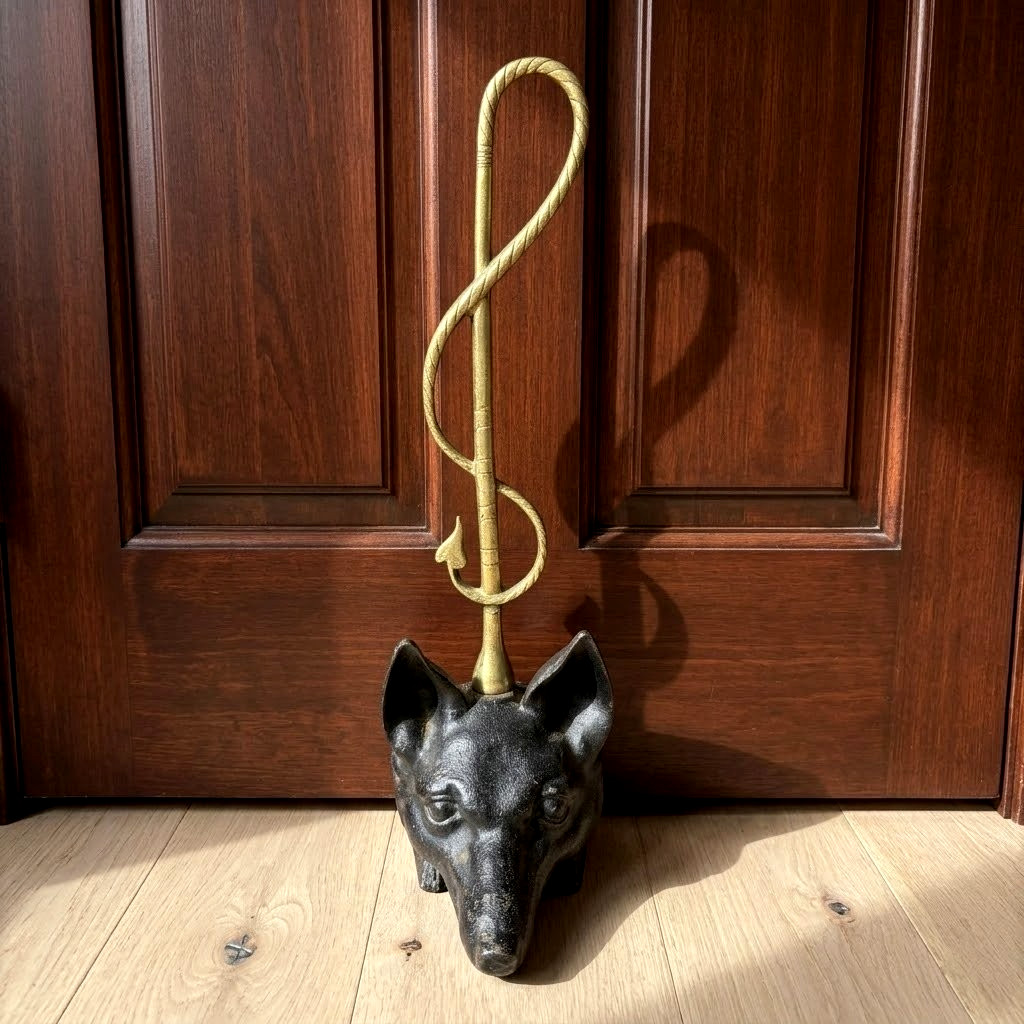 Vtg Virginia Metalcrafters Black Cast Iron Fox Hunt Head & Brass Whip Doorstop