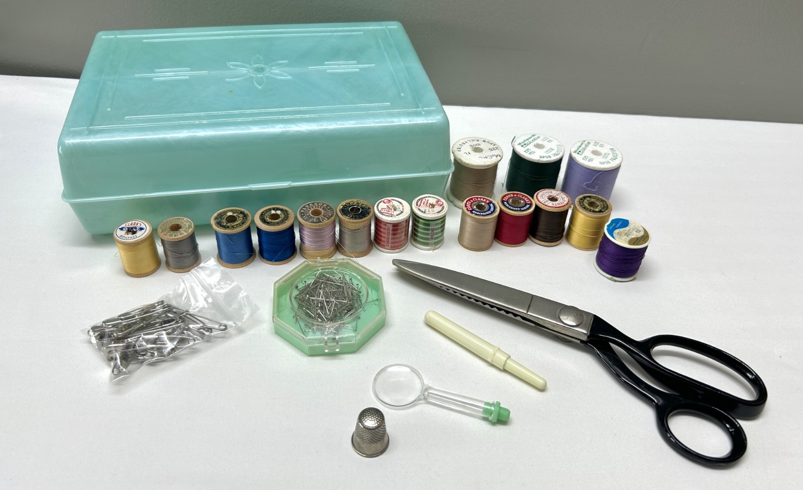 Vintage Blue Marbled Plastic Sewing Jewelry Box Thread Pinking Shears + More