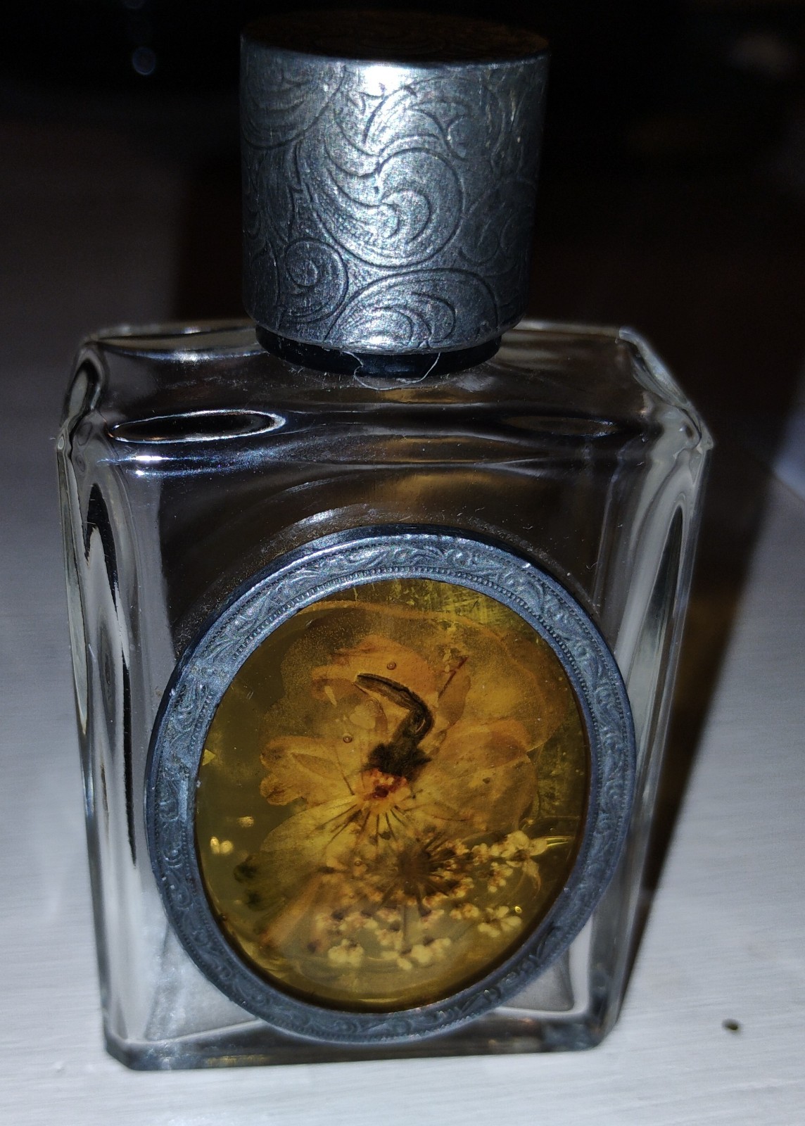 Vintage Victorian Style Crystal Perfume Bottle Pressed Flowers Pewter Lid