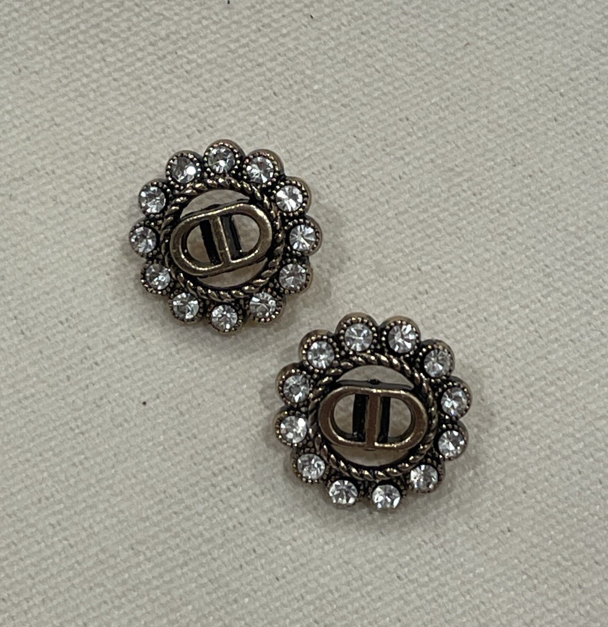 2pc of Dior Buttons Replacement Metal Antique Gold Tone w. Rhineston Size 18mm