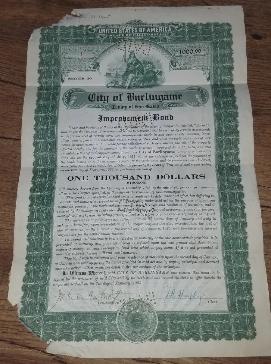 Antique 1925 Improvement Bond  Burlingame California $1000 San Mateo County VTG