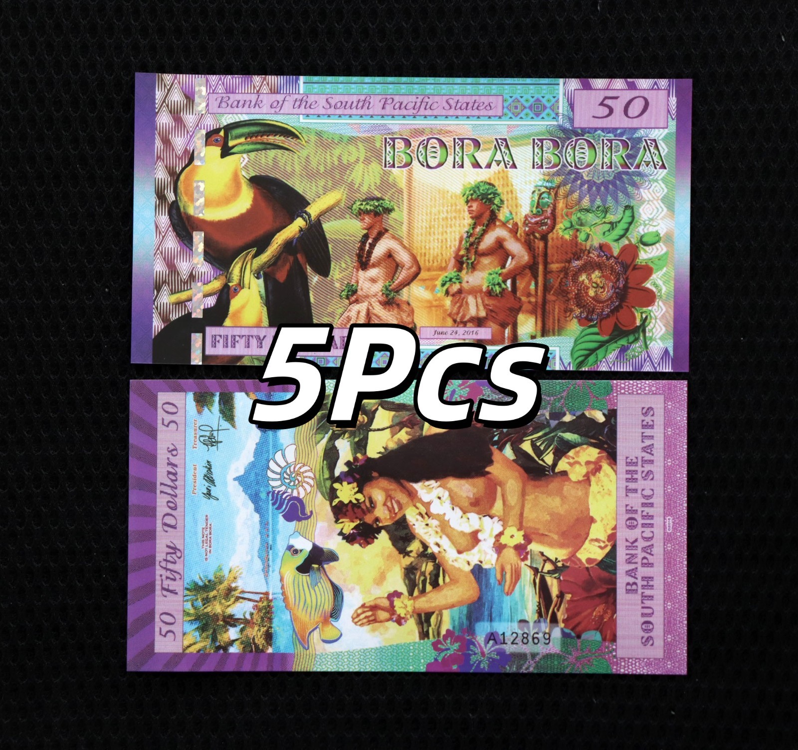 South Pacific States, 5pc X 50 Notes, Bora Bora, 2016, Toucan, UNC 
