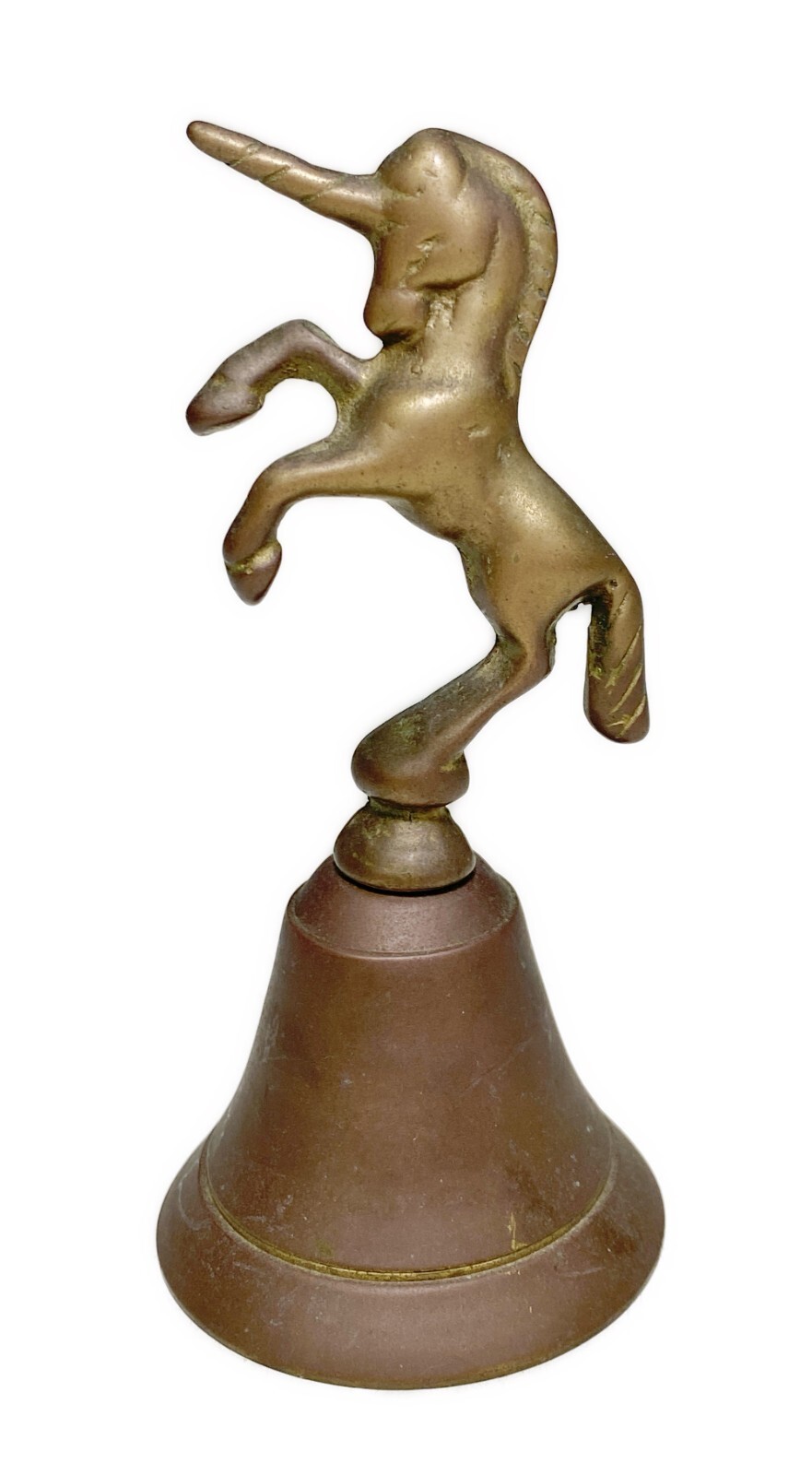 5” Unicorn Aged Brass Equine Dinner Bell Figurine Rearing Mythical Creature Vtg 