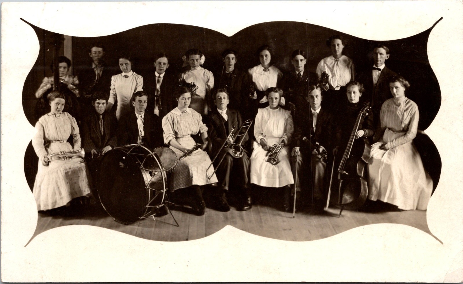 RPPC North McGregor Iowa High School Orchestra Postcard c1910 Instruments Drum
