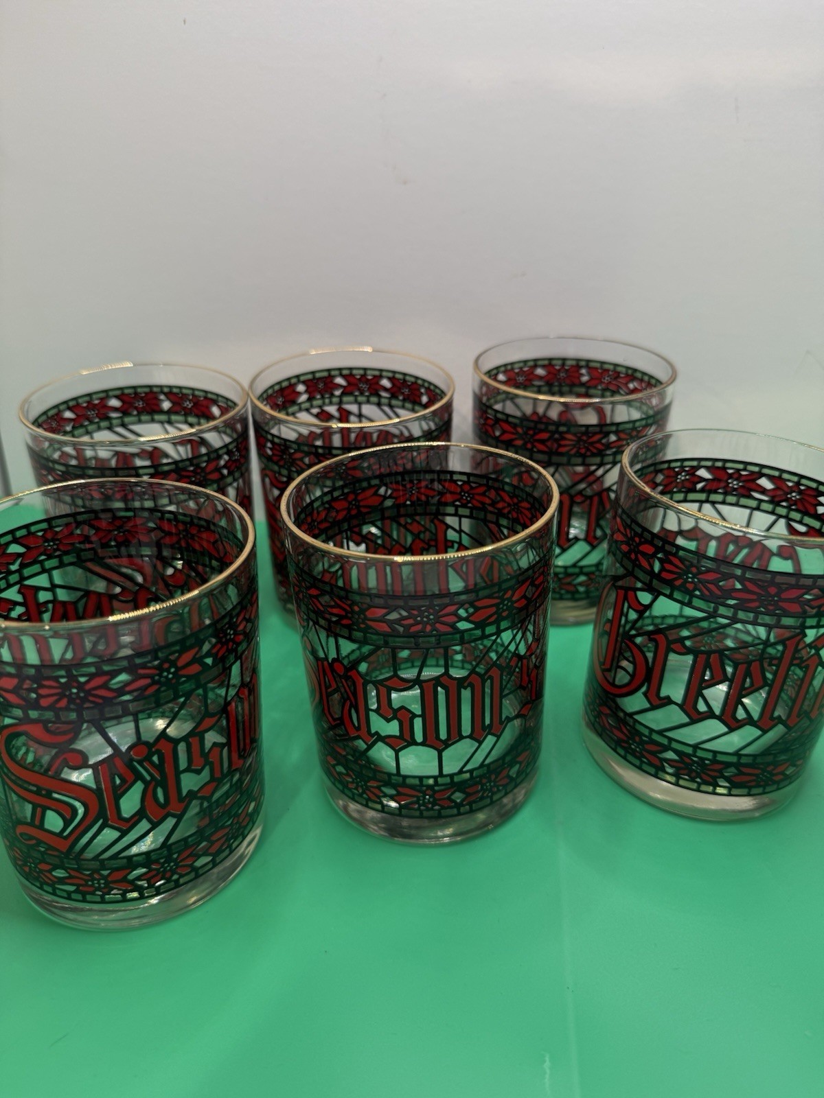 6 Houze “Seasons Greetings” Stained Glass effect Tumblers H4” W3” Mid 20th, VTG