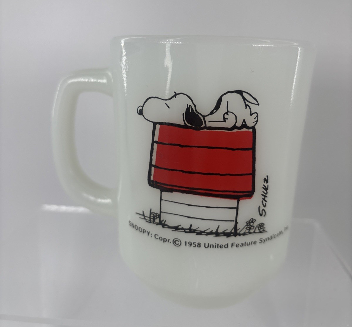 1958 Snoopy ‘I Think I’m Allergic To Mornings’  Fire King Mug VTG Anchor Hocking