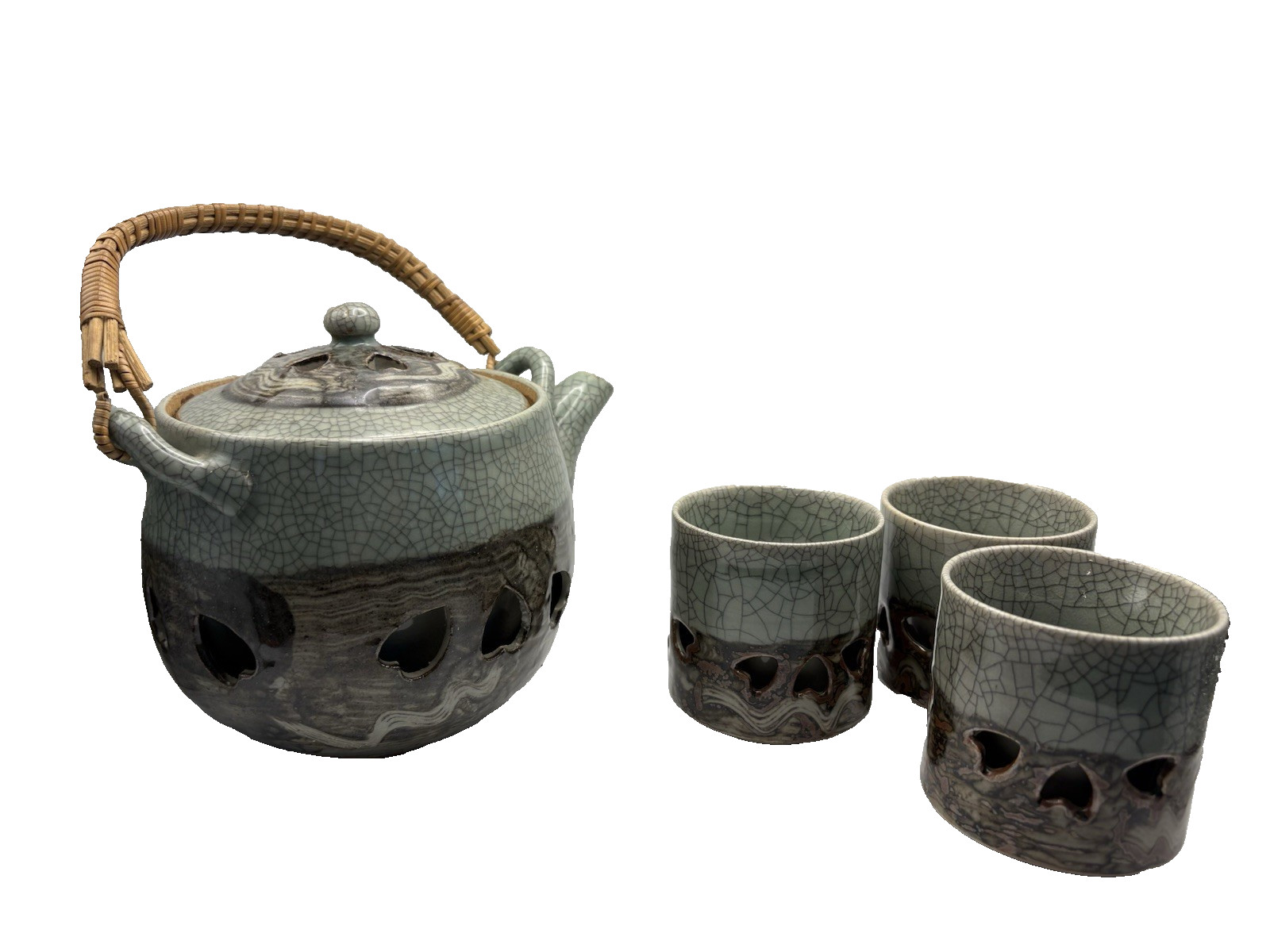 Vintage Obori Soma Ware Tea Set Teapot 3 Cups Celadon Crackle Heart Cutout Japan