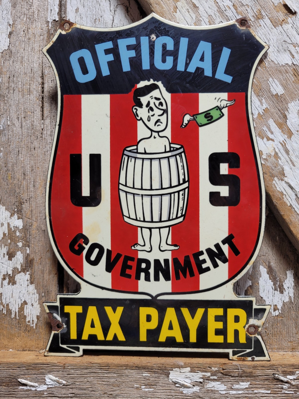 VINTAGE GOVERNMENT PORCELAIN SIGN RARE OLD US TAXPAYER CLUB AMERICA FREEDOM 12\
