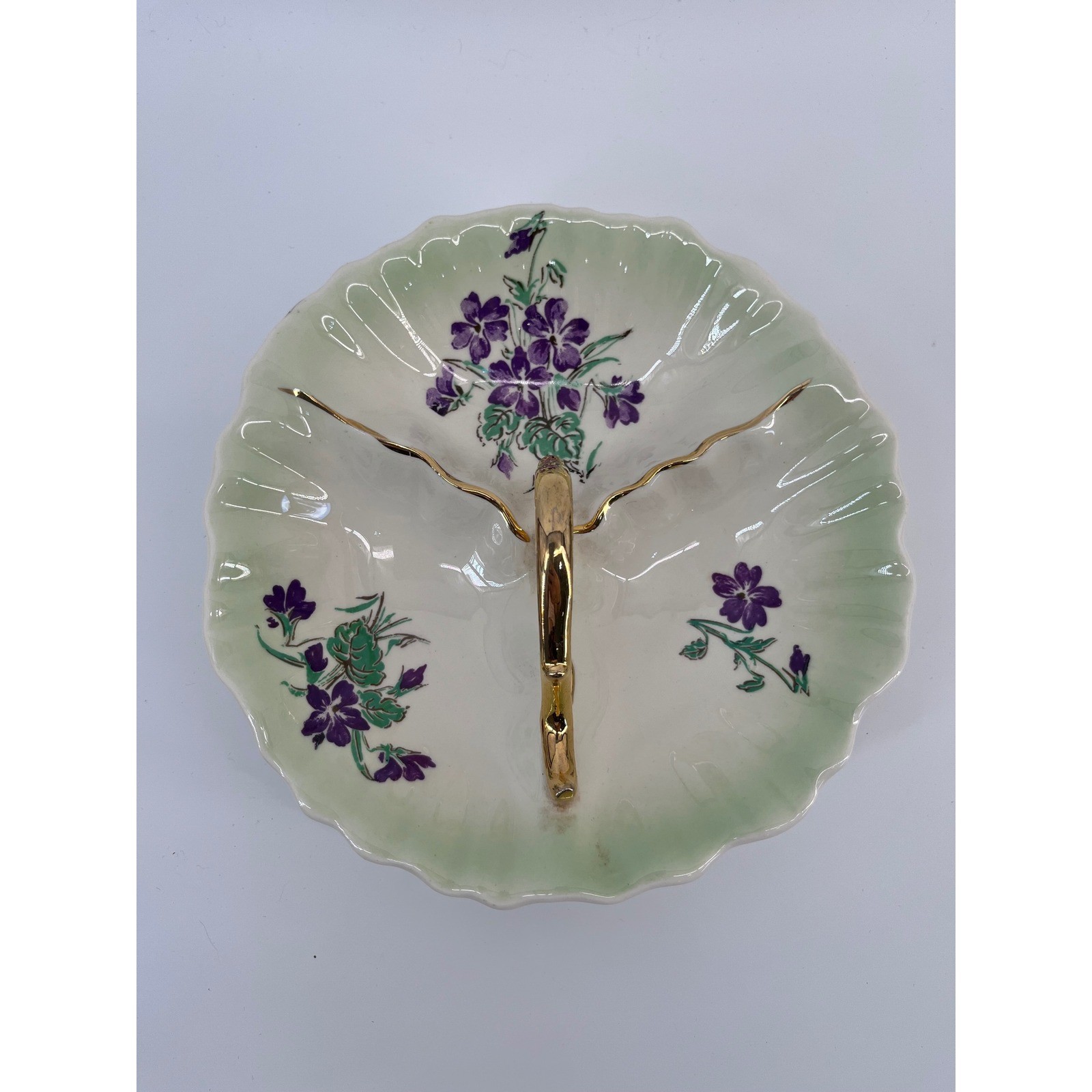 Vintage CG USA Divided Candy Dish Purple Violets 22KT Gold Trim Scalloped Edge
