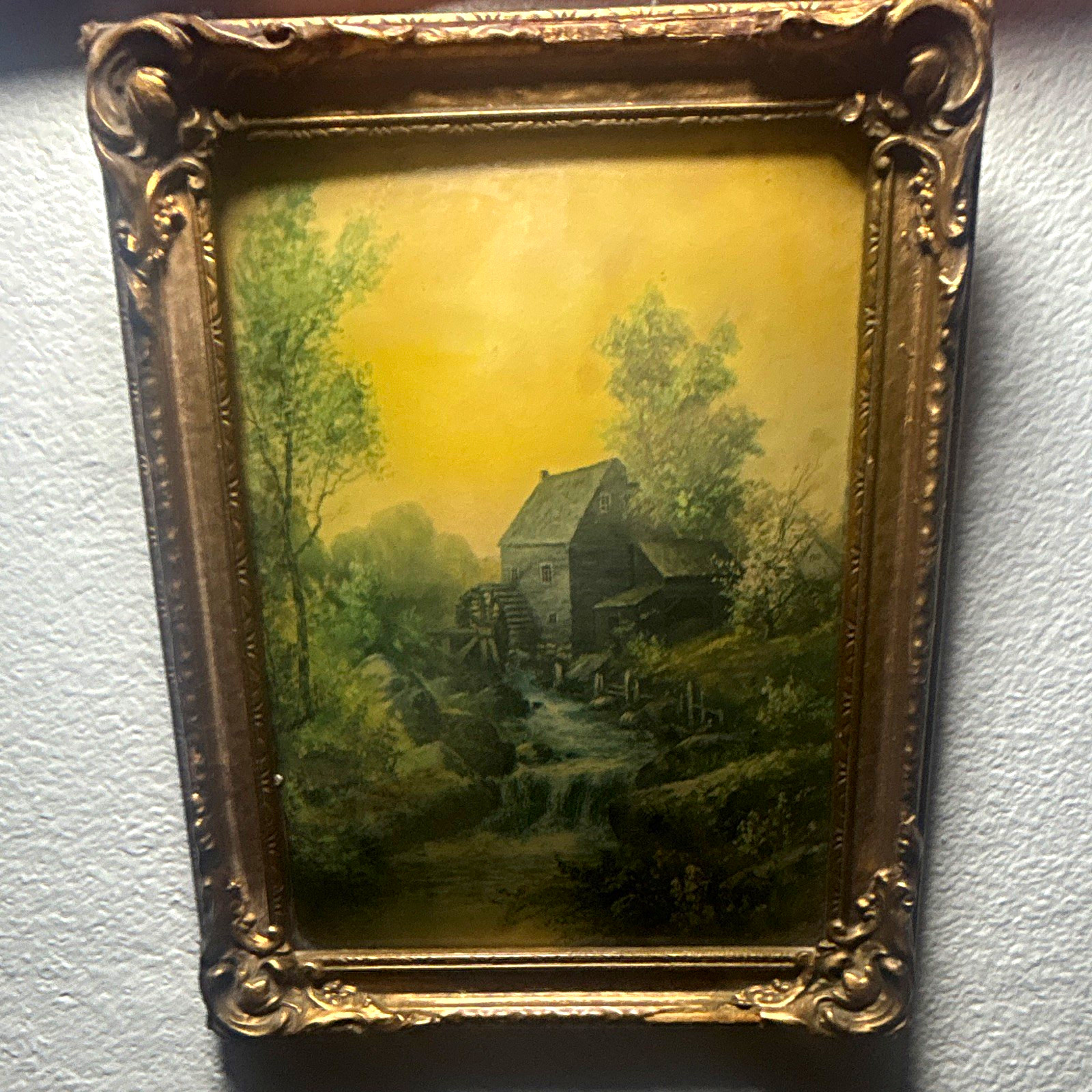 Antique W H Chandler Style Landscape Pastel Print Framed Ornate Gesso Watermill
