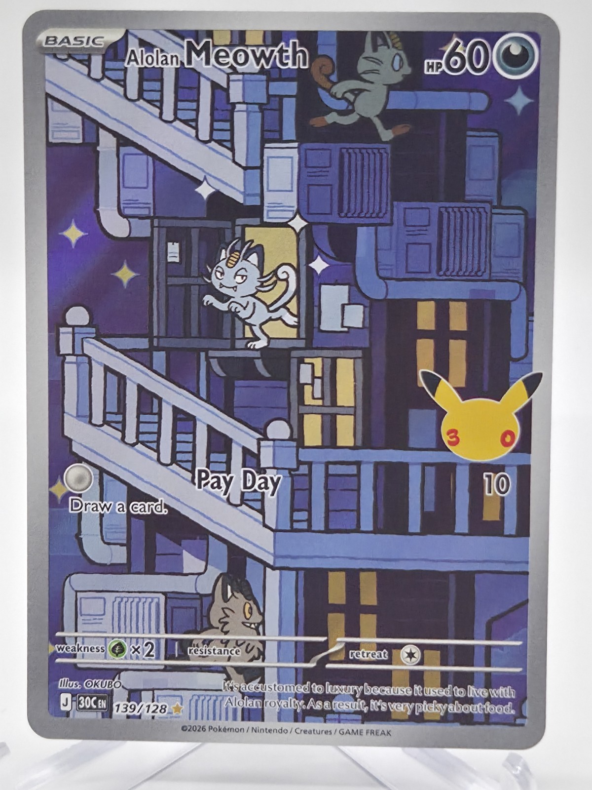 Alolan Meowth 30th Celebration Illustration Rare 139/128 Pokemon TCG NM