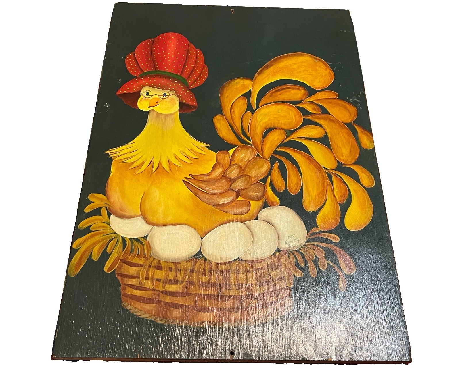 Vintage 1982 Folk Art Chicken Hen Eggs Wood Painting Signed Beatty Shay 14x20