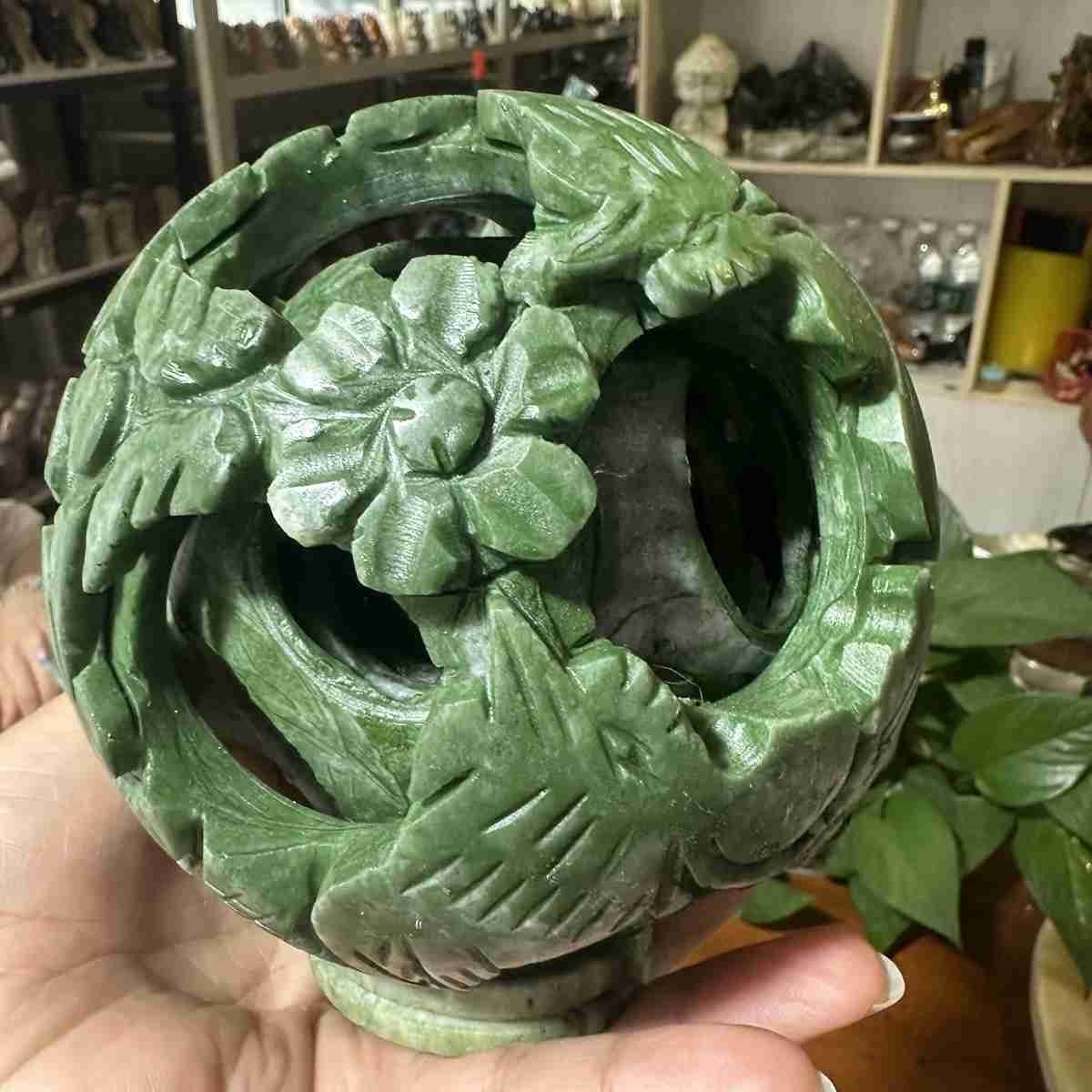 1pc Natural green jade Exquisite Carved sphere Quartz Crystal reiki ball care