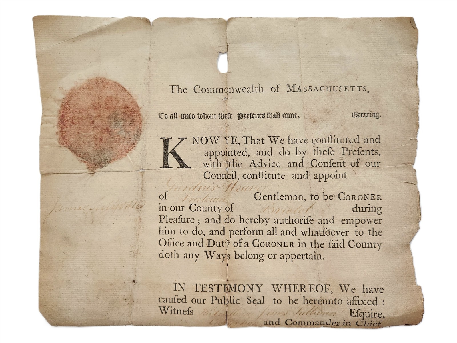 1807 antique MASSACHUSETTS GARDNER WEAVER freetown bristol co CORONER APPOINTED