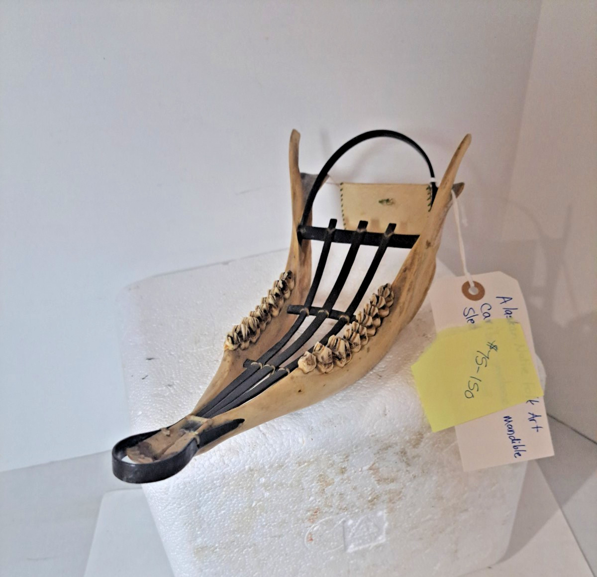 Vtg. Alaska Eskimo I Caribou Jaw Bone Art, Dog Sled