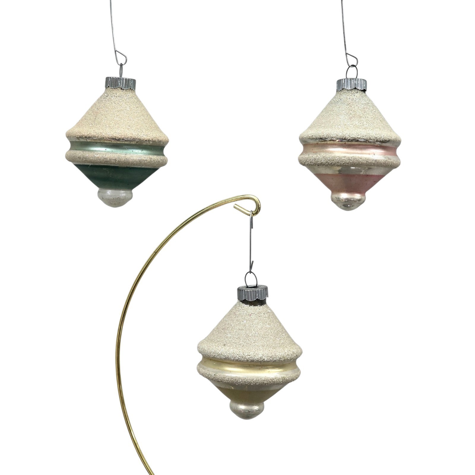 Vtg SHINY BRITE Glass Christmas Ornaments UFO Tornado Lantern Mica Striped Set 3