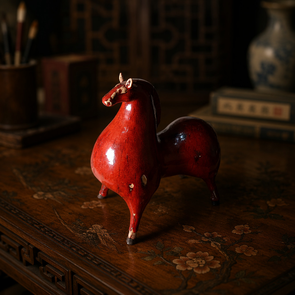 Vintage Shiwan Flambé Red Glazed Ceramic Horse