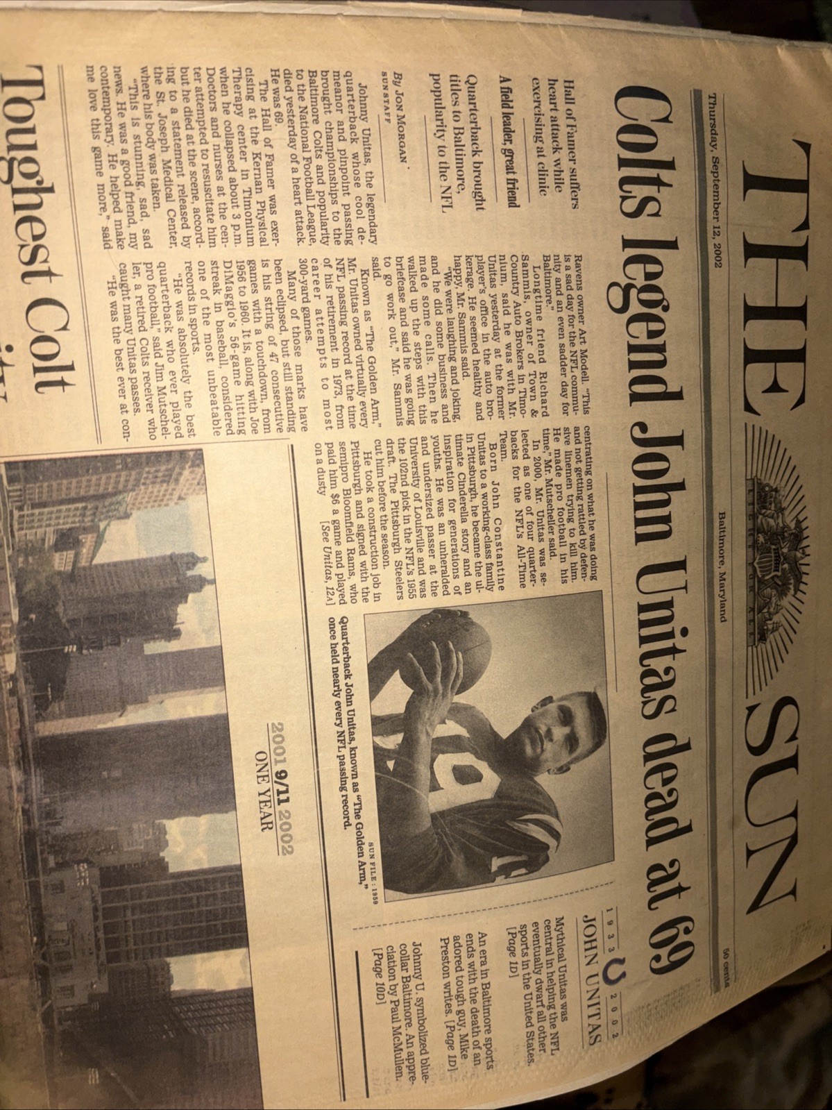 Baltimore Sun Johnny Unitas Death Unopened Sept 12 2002 Baltimore Colts