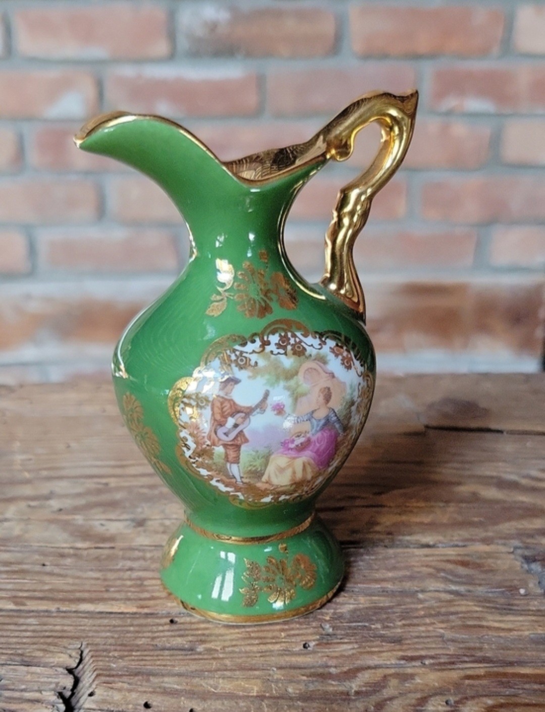 LIMOGES Rococo Porcelain Ewer Pitcher Green and Gold, Courting Couple Vase