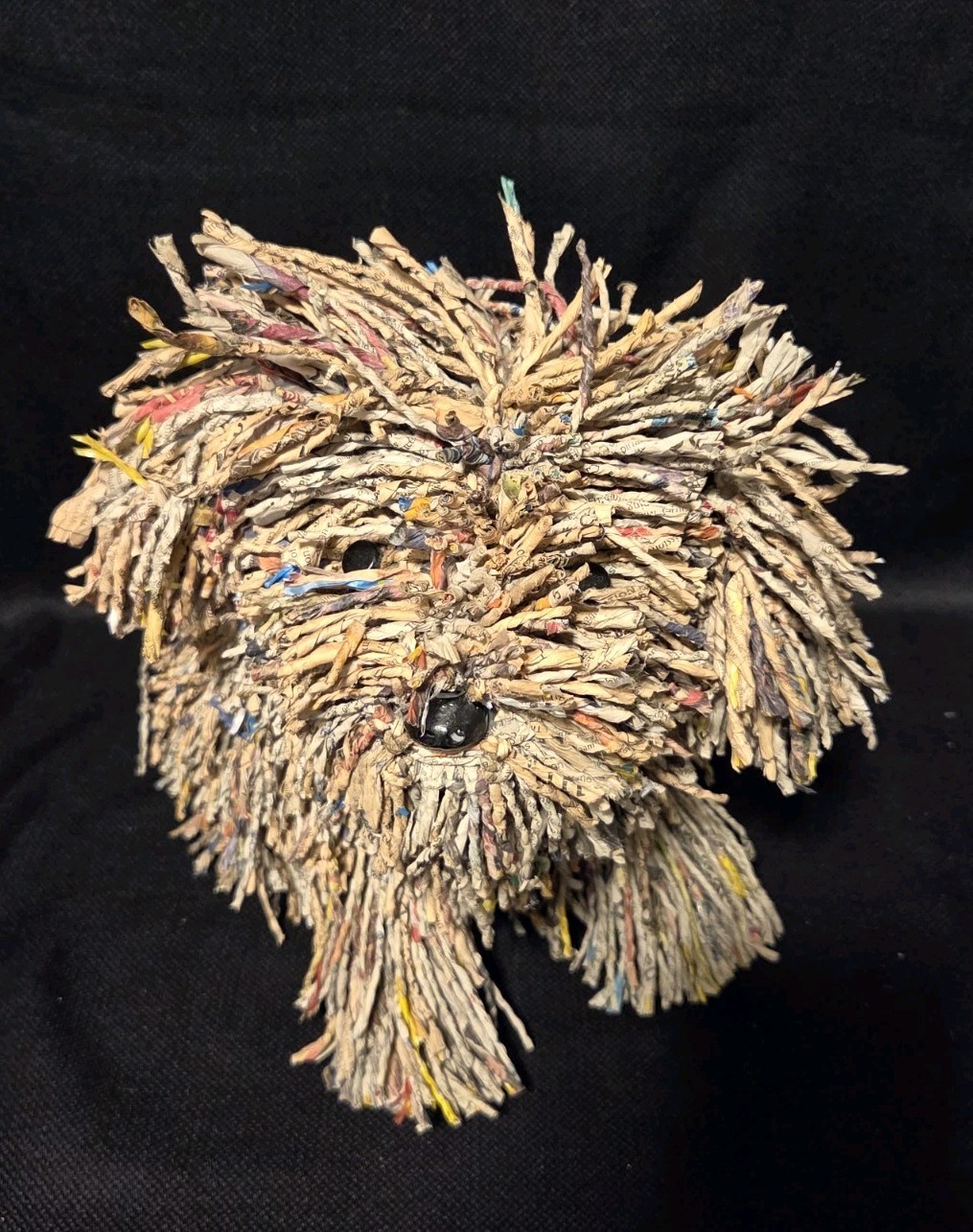 Vintage Recycled Newspaper Dog Sculpture Shaggy Folk Art Eco Friendly Rascal