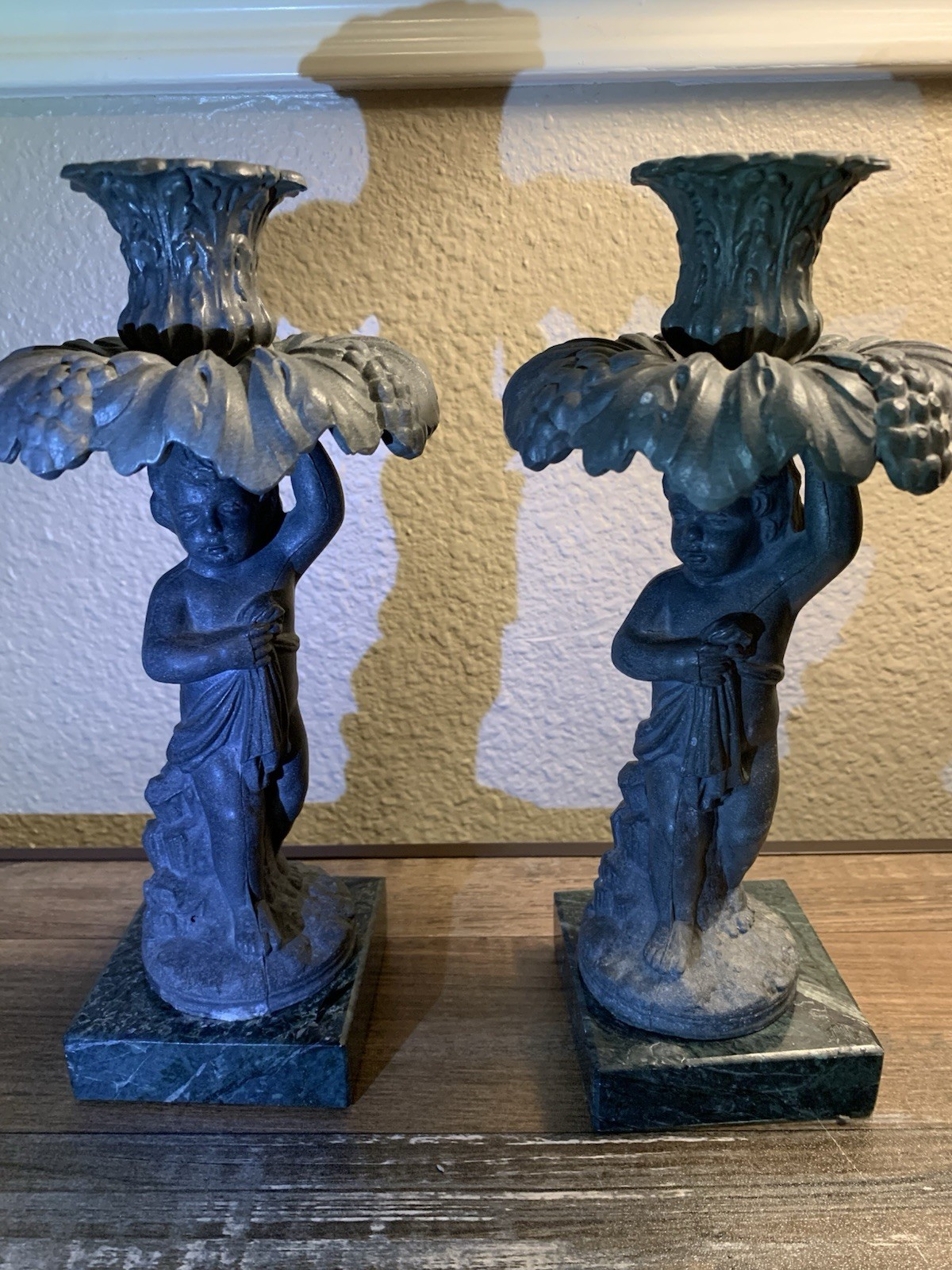 Pair Antique Cherub Spelter Marble Base Candlesticks 10\
