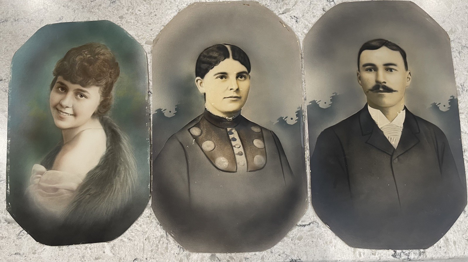 Antique Portraits Man Woman Teen girl circa 1900s Colorized Set of 3 Large