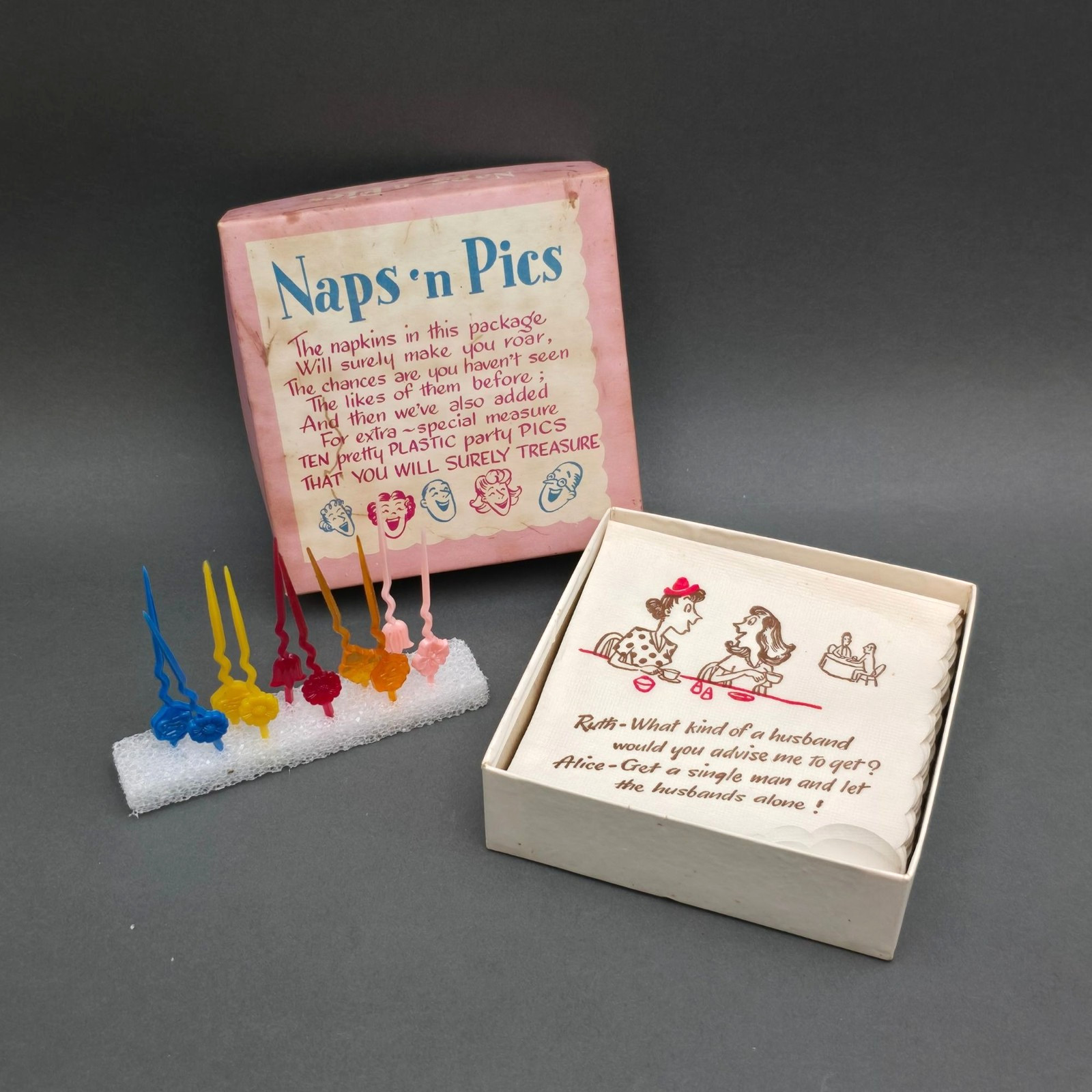 Vintage 1950s Naps N Pics Mid Century Novelty Cocktail Napkins Plastic Picks Set