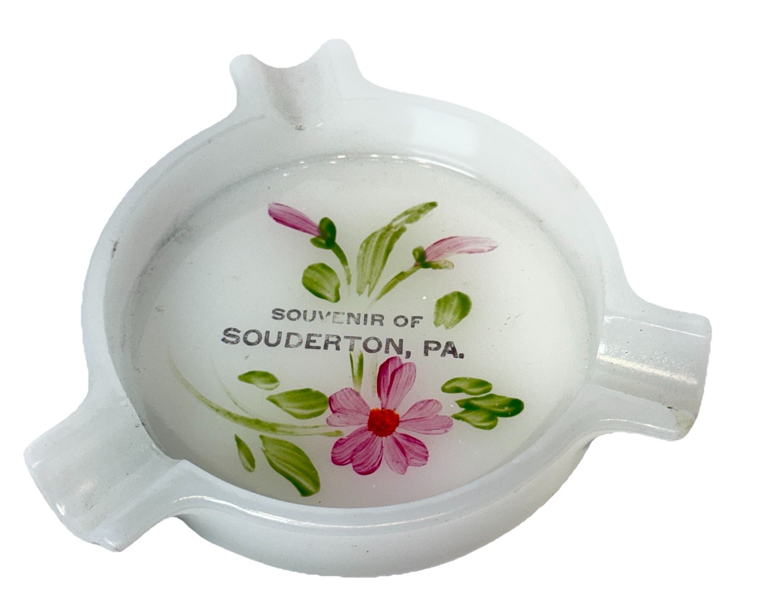 SOUDERTON PA Antique Depression MILK Glass Souvenir TRINKET PAINTED ASHTRAY
