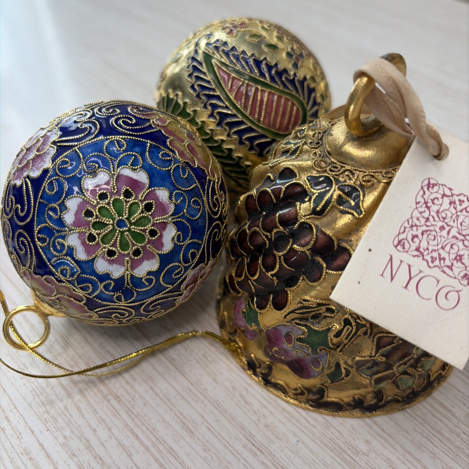 Rare Vintage Golden NYCO Cloisonné Bell And Ornament Set Enamel Art Christmas