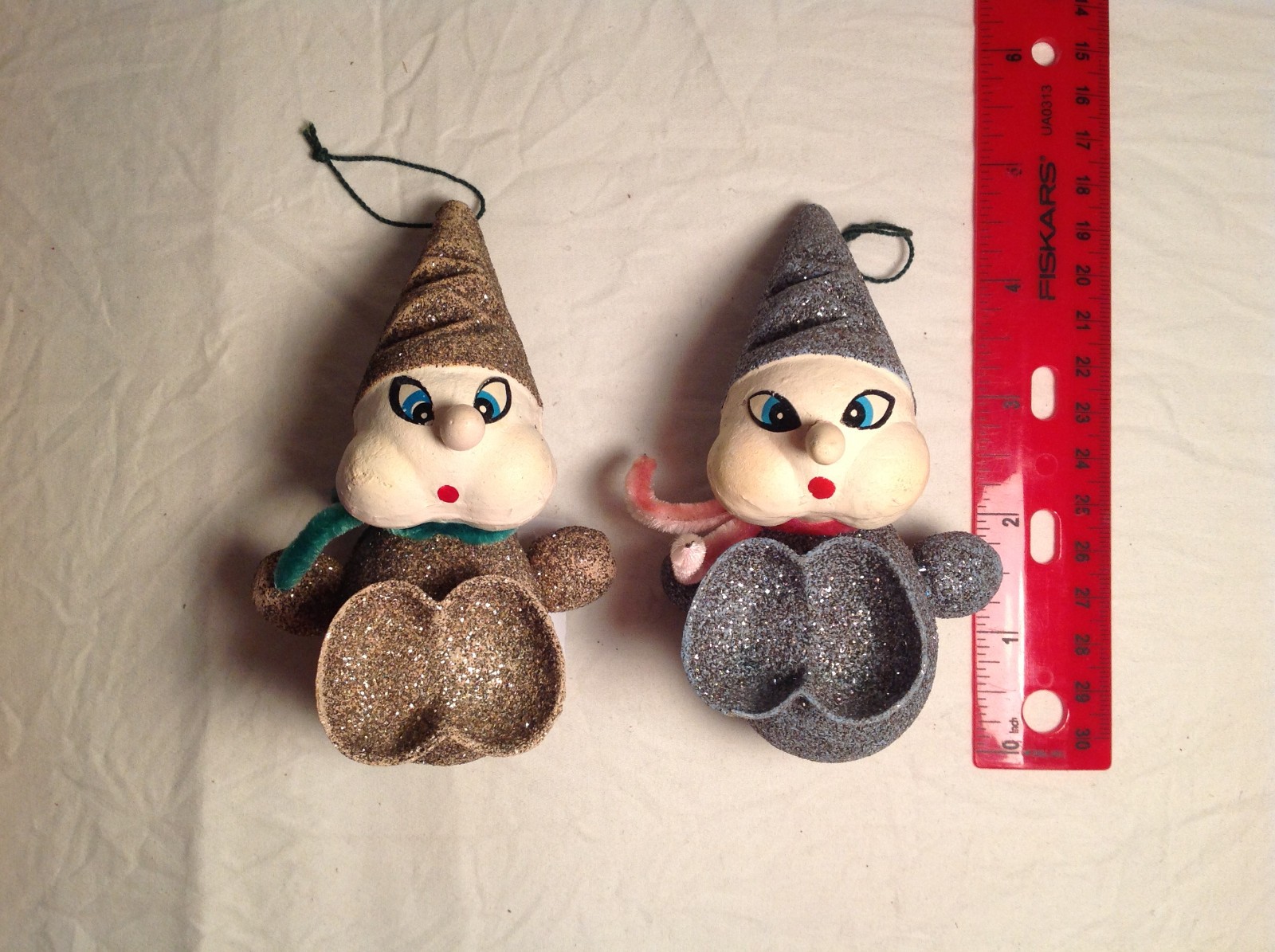 2 Vintage 1950\'s Cardboard Paper Mache Mica Glitter Elf Elves Christmas Ornament