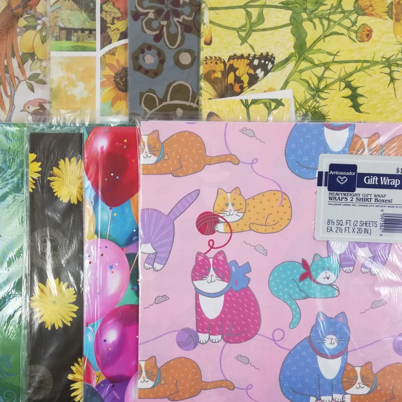 Vintage Gift Wrap Paper Sheets Country Cats Butterflies Flowers More (8 Pcs)