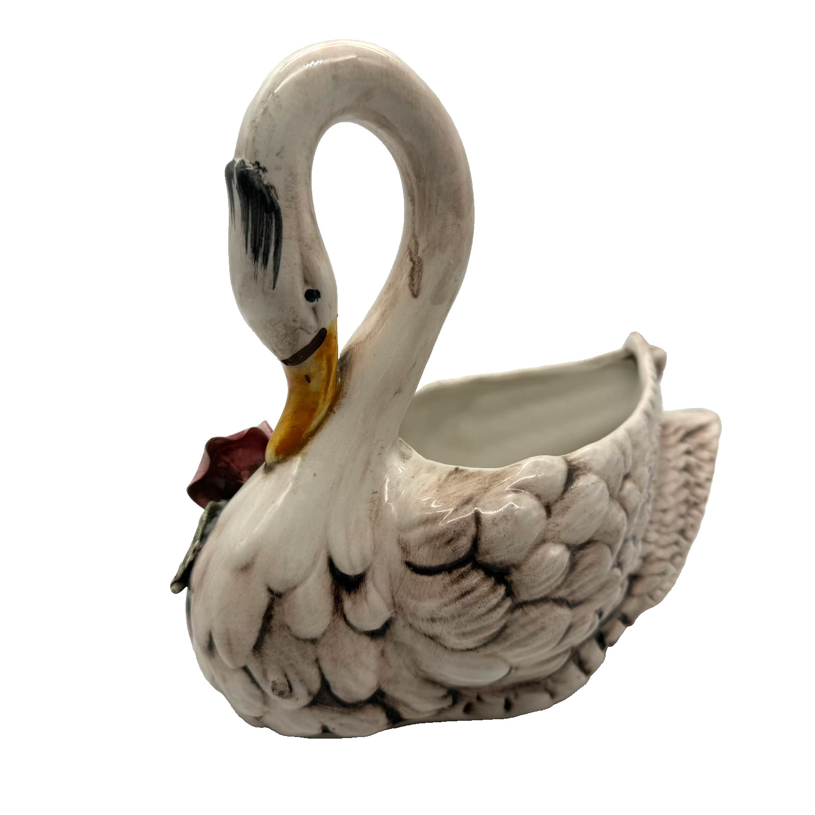 Vintage Nuova Capodimonte Italy Swan Planter with Pink Rose Mid Century