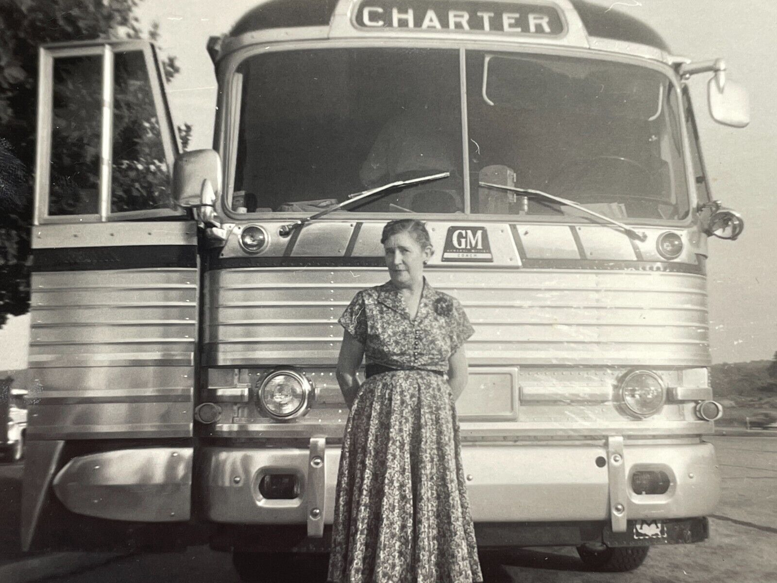 ZJ Photograph Old Woman In Front GM Charter Buss 1957 Flower Dress Portrait 