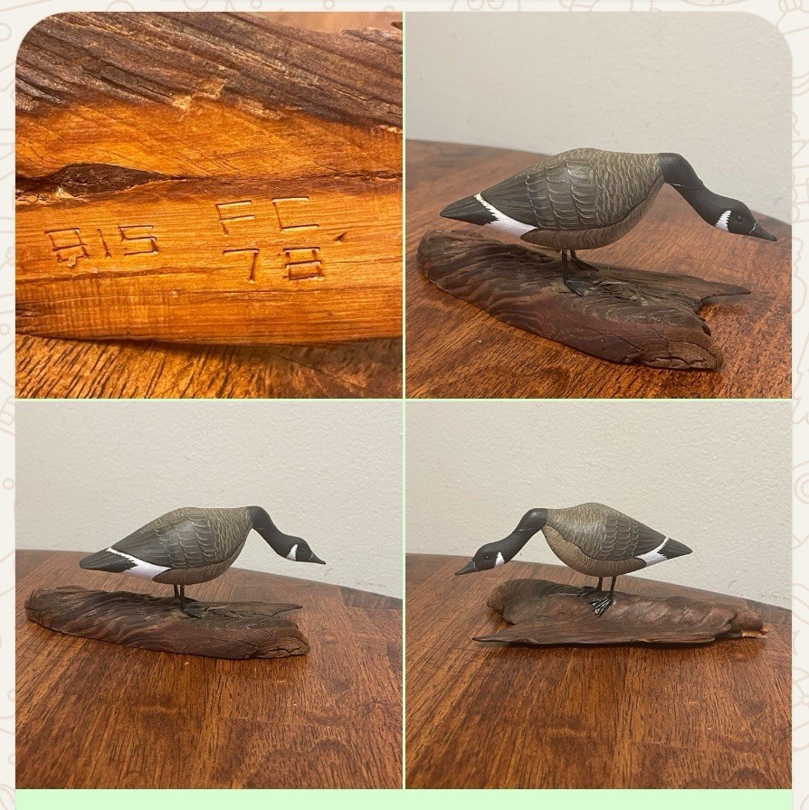 VTG 1978 Hand Carved Canada Goose Miniature Decoy Driftwood Base Signed FC ILL