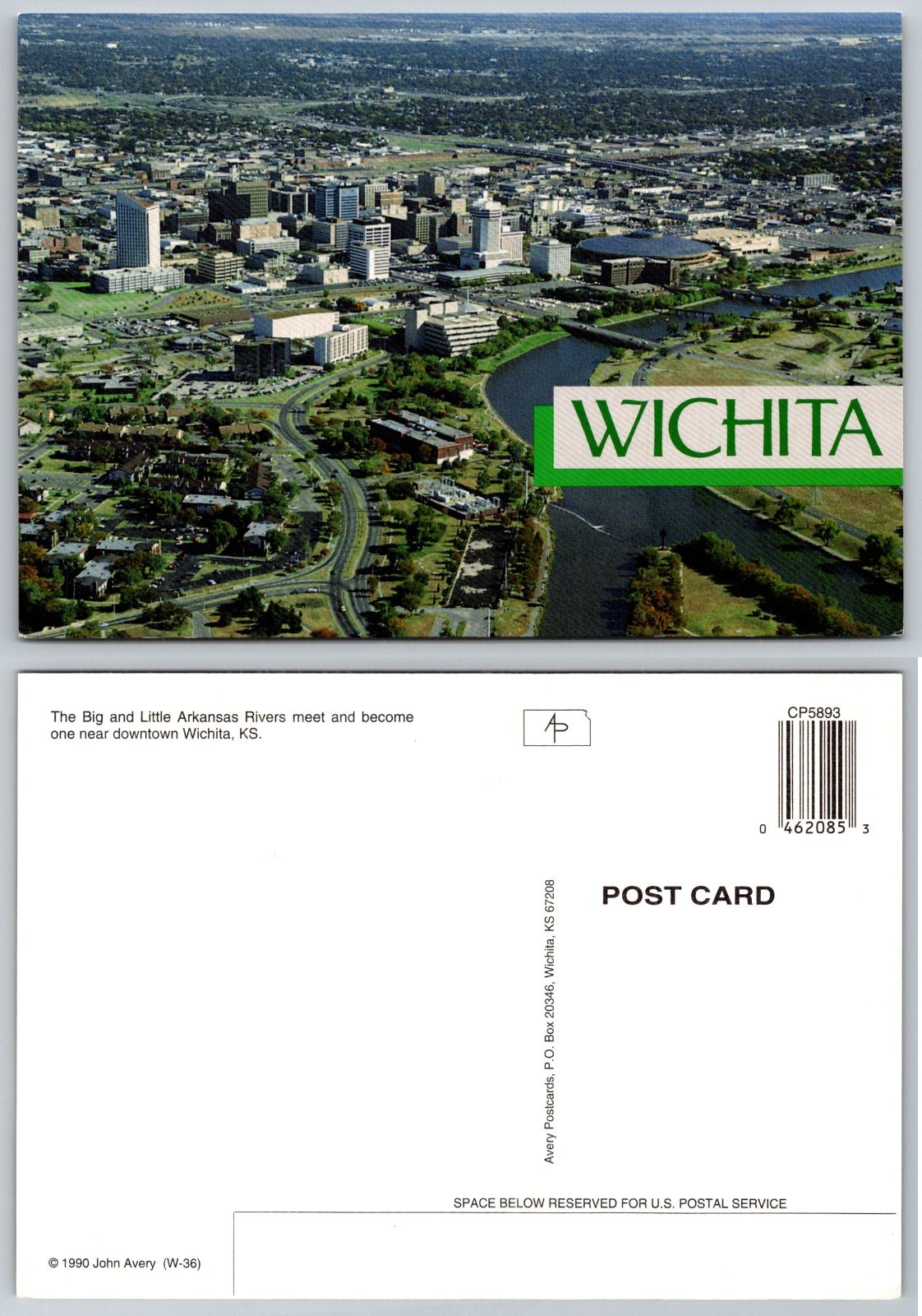 Continental Wichita Kansas Downtown City Aerial View Arkansas Rivers Postcard