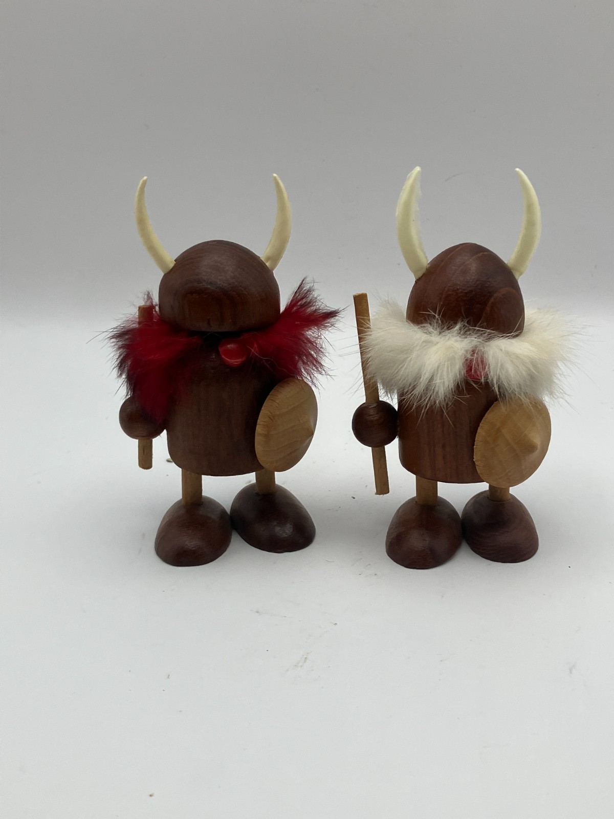 Vintage Danish Wooden Viking Figurines Set of 2 Denmark Fur Beard MCM 4\