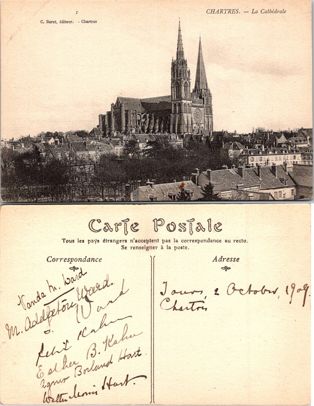 Chartres France La Cathedrale, Cathedral Church Black & White Postcard 73618