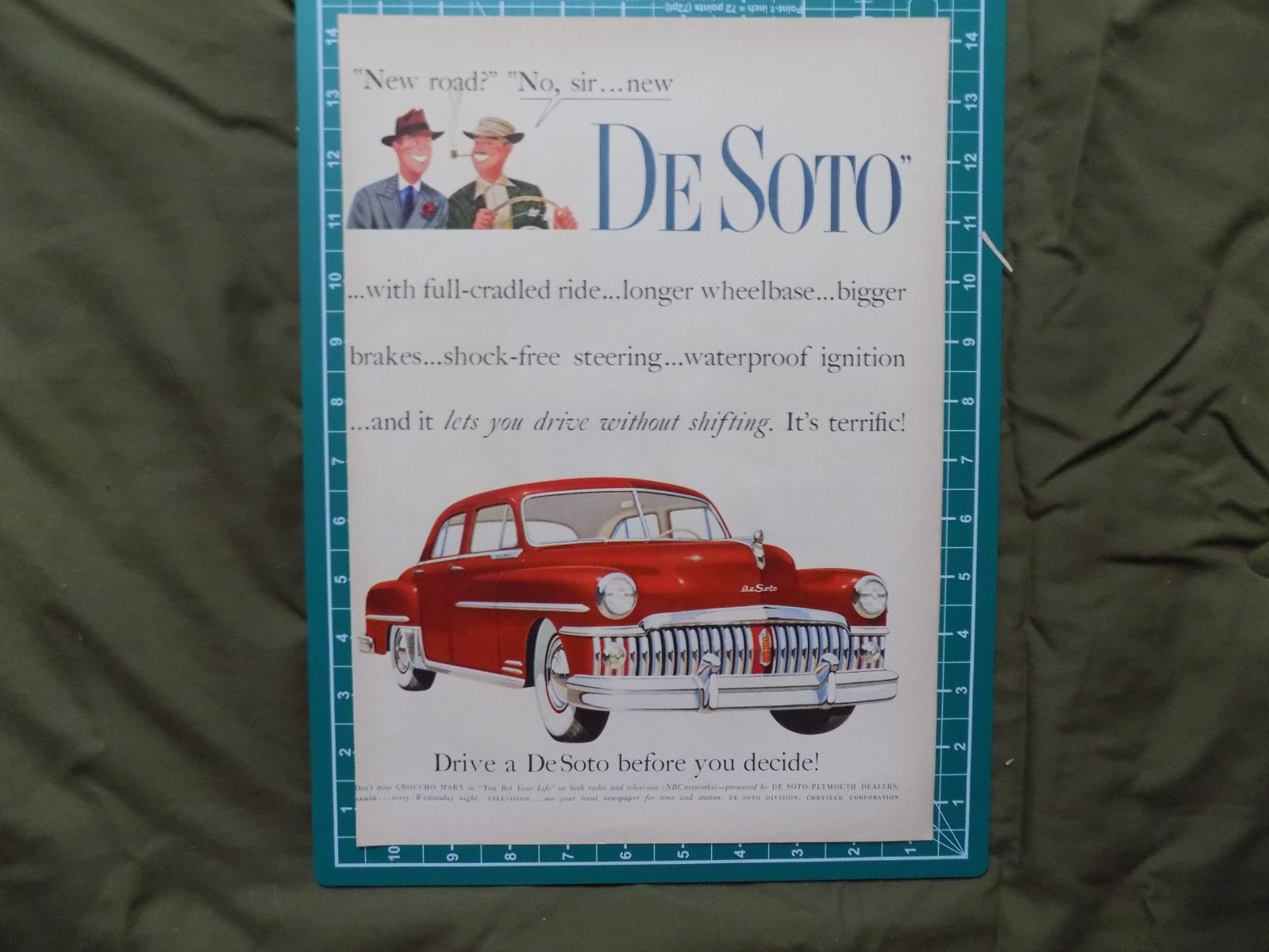 1949/50 PRINT AD NEW DESOTO  NO SHIFTING BIGGER WHEELBASE