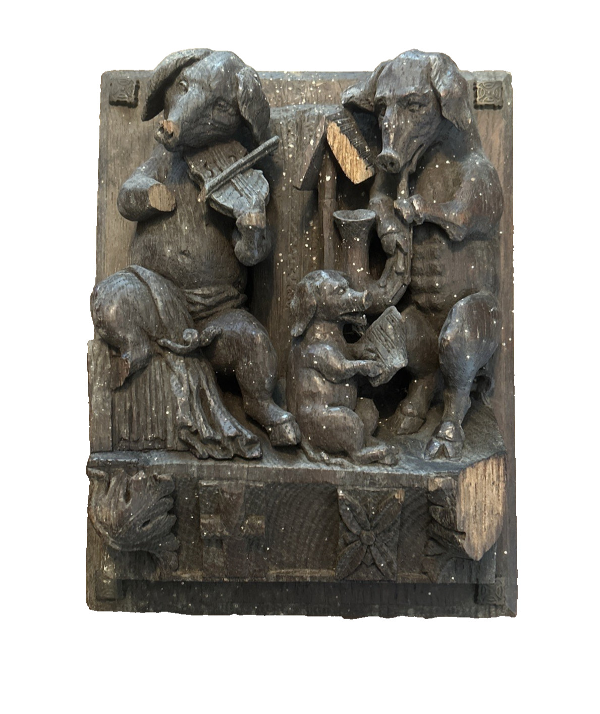 Antique Hand Carved Wood Misericord Plaque Medieval Musical Pigs Wall Relief 7x9