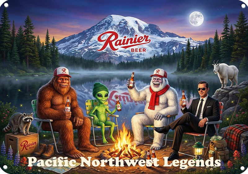 1970s RAINIER Beer Campfire Bigfoot DB Cooper Alien Yeti Legends METAL BAR SIGN
