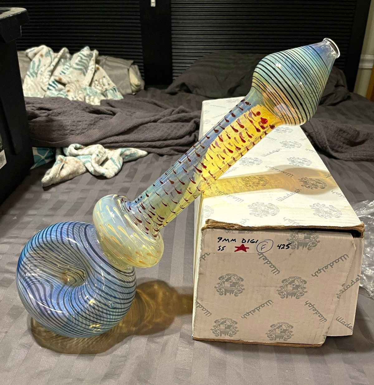 Illadelph Glass Tobacco Pipe w/ 9mm Filter Marked 9mm, Blue Yellow Red