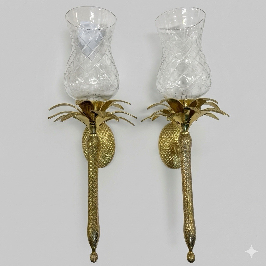 Vintage Pair Solid Brass Pineapple Candle Wall Sconces 24\
