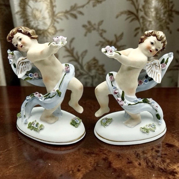 Vtg Pair G Z Lefton Porcelain DANCING CHERUB Angel Figurines 1955 Happy Chic