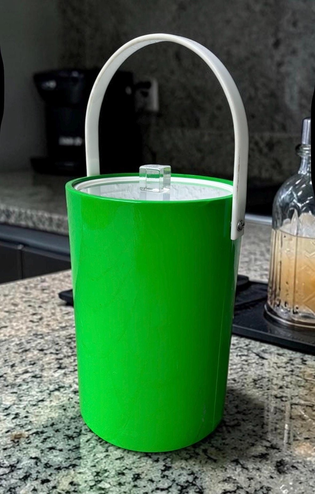 Vintage MCM Lime Green Plastic Ice Bucket with Lucite Handle & Clear Lid 1960s