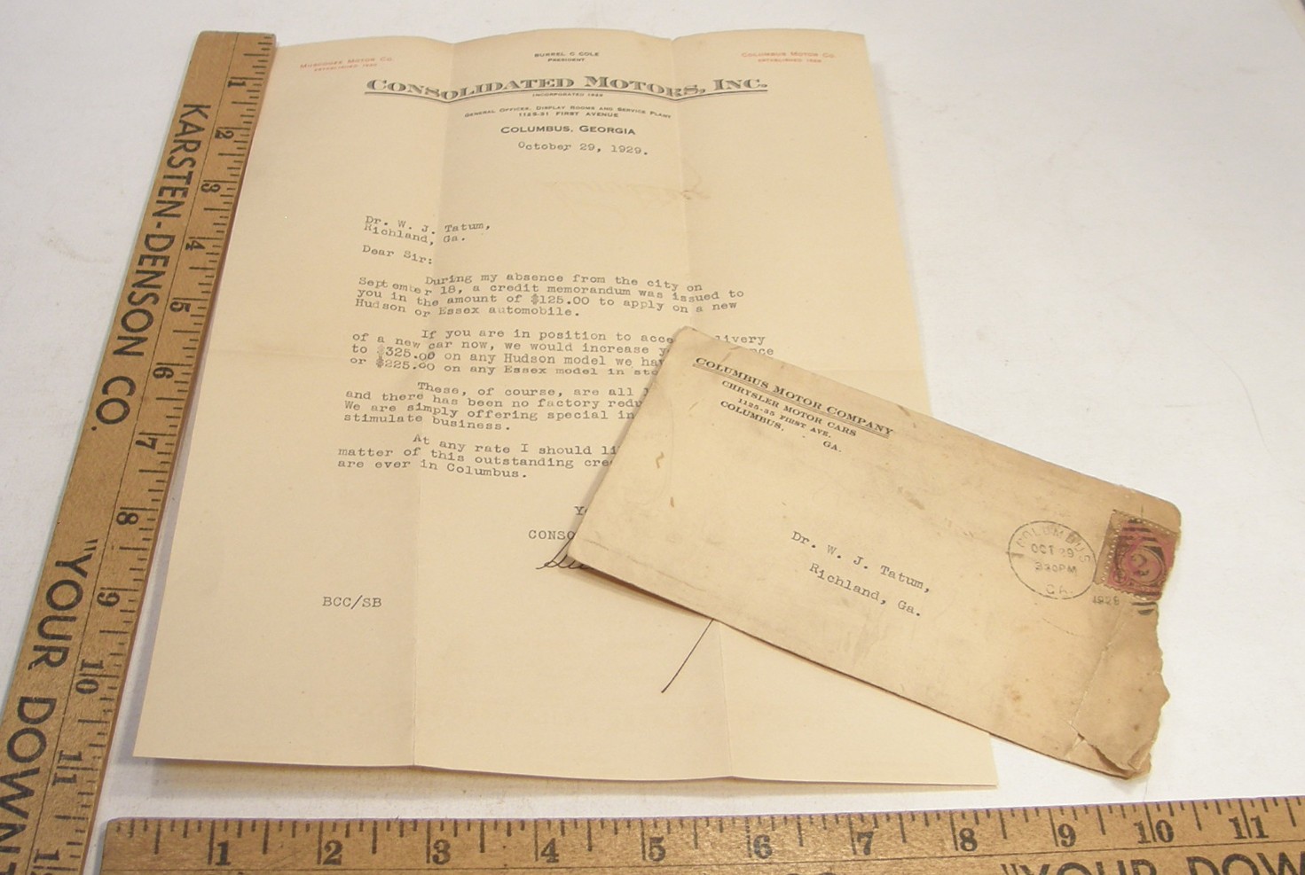 VINTAGE 1929 LETTERHEAD CONSOLIDATED MOTORS COLUMBUS GA HUDSON AUTOMOBILE DEALER