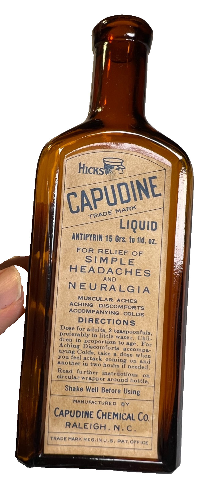 Antique c1925 Hicks Capudine Medicine Bottle Label Raleigh North Carolina