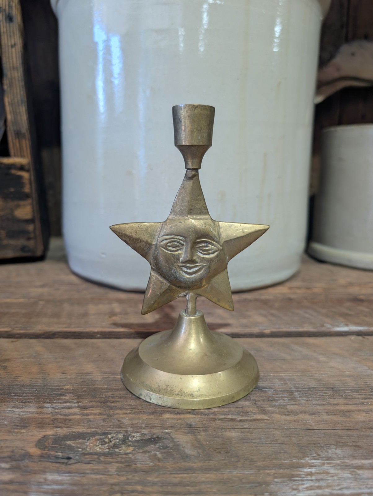 Unique Vintage Brass Candlestick Holder With Star Face (Hand Made)