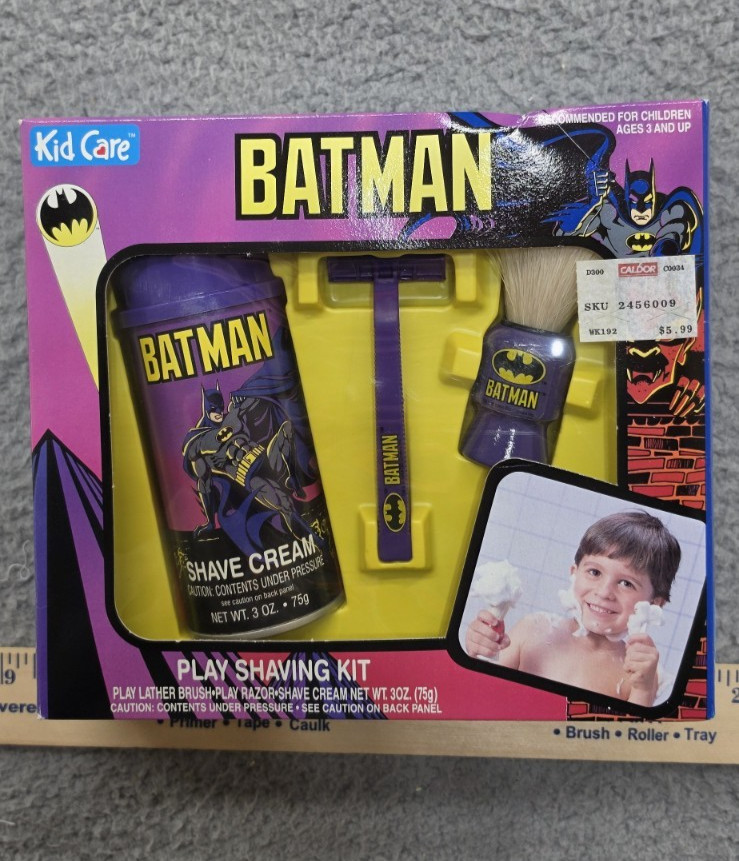 Kid Care Batman Play Shaving Kit Shave Cream, Mock Shaver, Lather Brush (NIB)