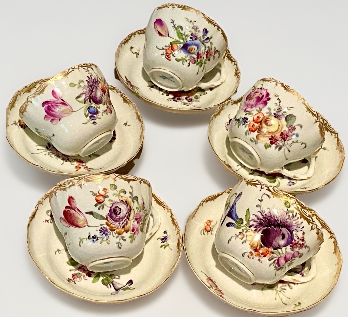 Antique Meissen Teacup Saucer Set Of 5 Floral  Gold Intertwined Handle